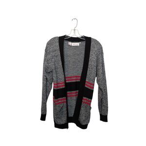 Vintage 90s Academic Cardigan Women's Sz L Grey Black Red Striped Preppy Casual
